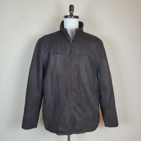 VTG Structure Jacket Mens XL Brown Leather Zip Classic Minimalist 90s Patina - Picture 1 of 12
